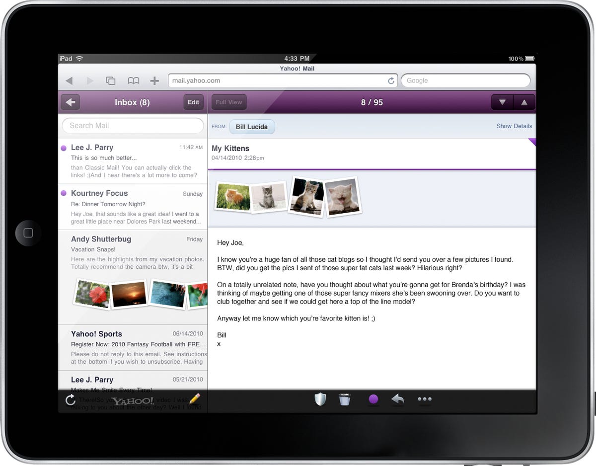 Yahoo's new Web Mail client on the iPad.