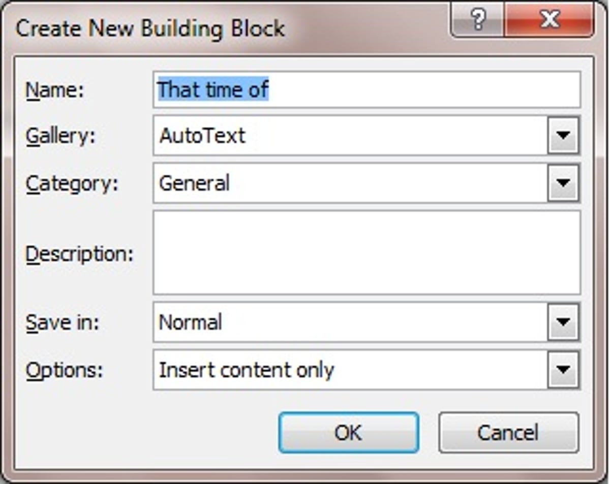 Microsoft Word 2010 Create New Building Block dialog box