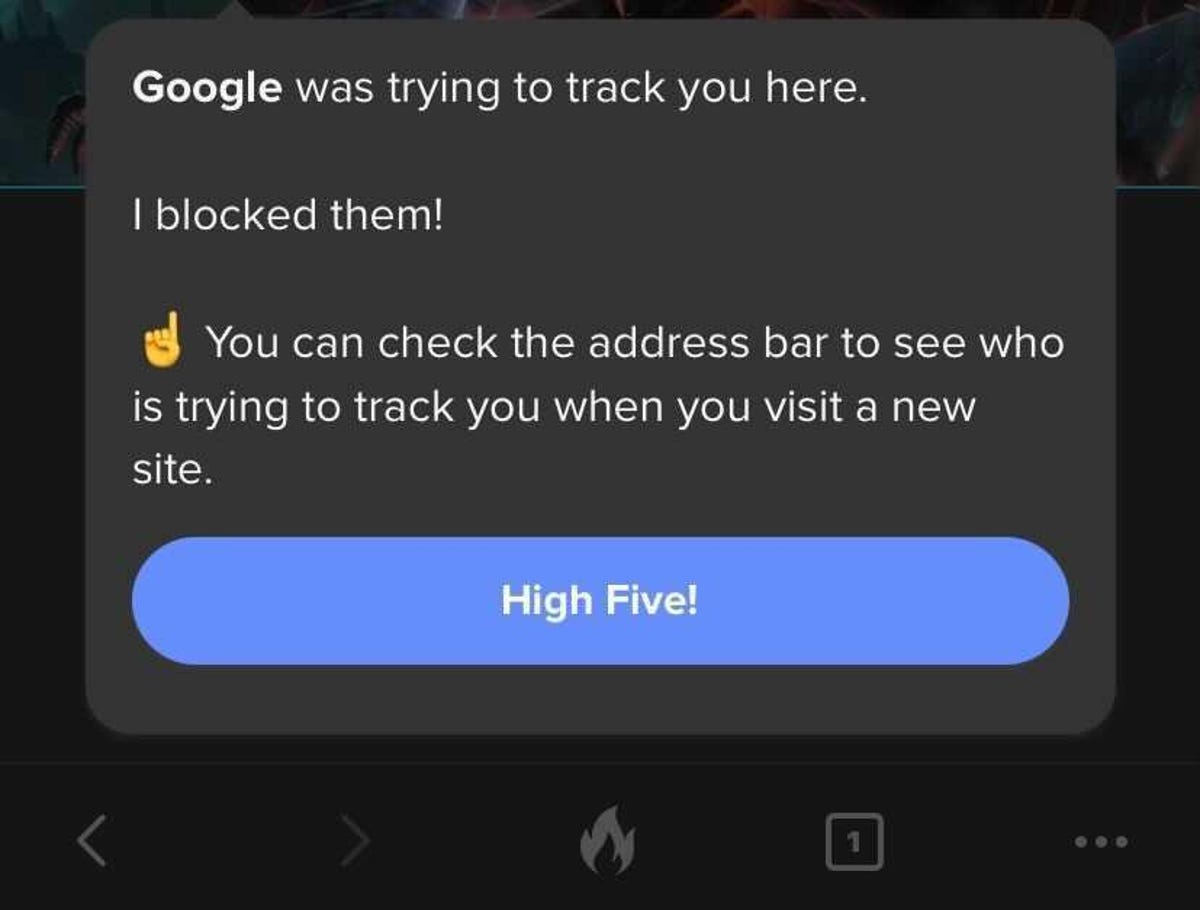 A blocked tracking notification on DuckDuckGo