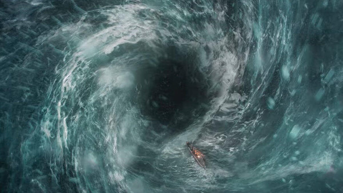A ship sailing into a maelstrom, as seen from above