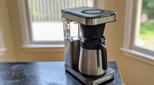 The Oxo Brew 8-Cup Coffee Maker sits on a countertop.
