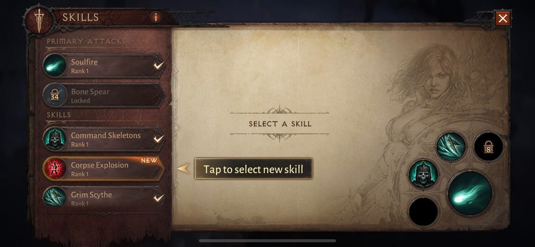 Skills menu in Diablo Immortal