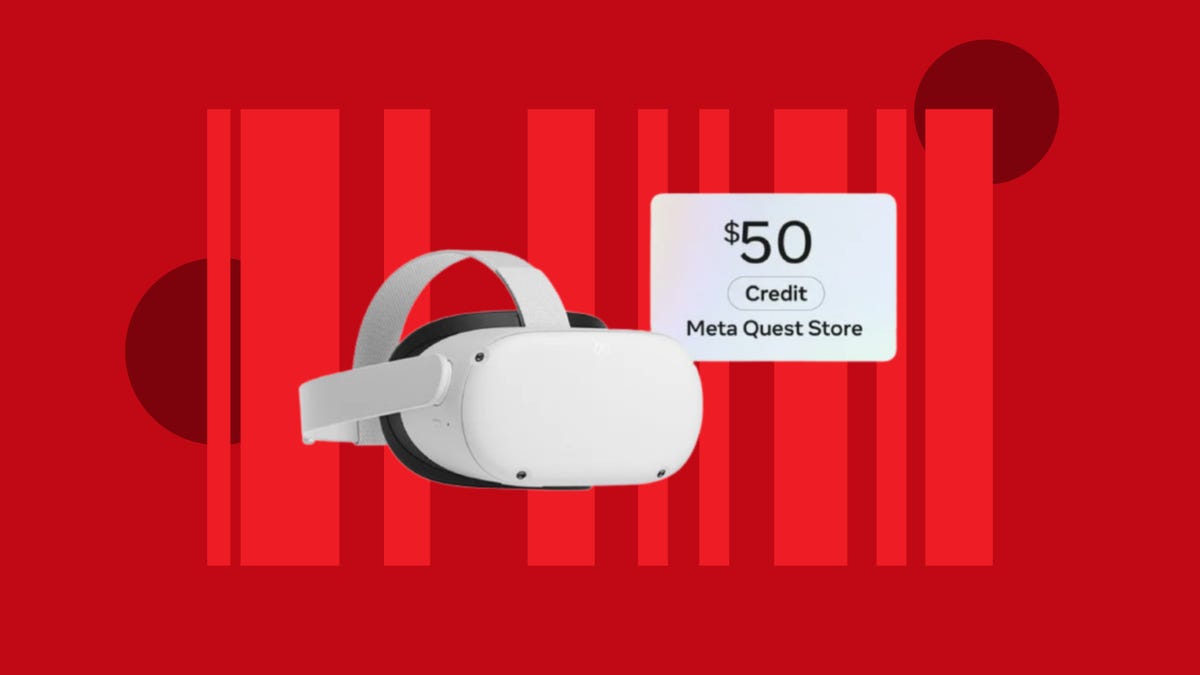 The Meta Quest 2 headset and a bubble advertising a $50 credit to the Meta Quest Store are displayed against a red background.