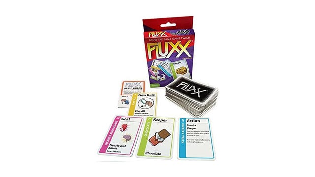 Bright colored cards with a Fluxx box in the back
