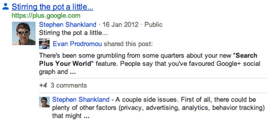 Google has started showing Google+ comments in search, not just the primary Google+ posts.