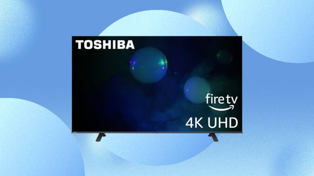 The Toshiba 55-inch C350 Series LED 4K UHD smart Fire TV is displayed against a blue background.