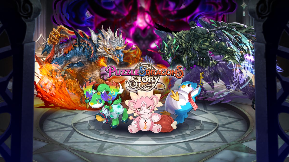 Puzzle & Dragons Story logo surrounded by dragons and monsters