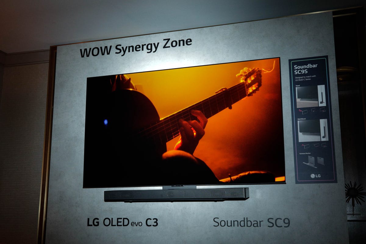 An LG C3 TV with attached sound bar.
