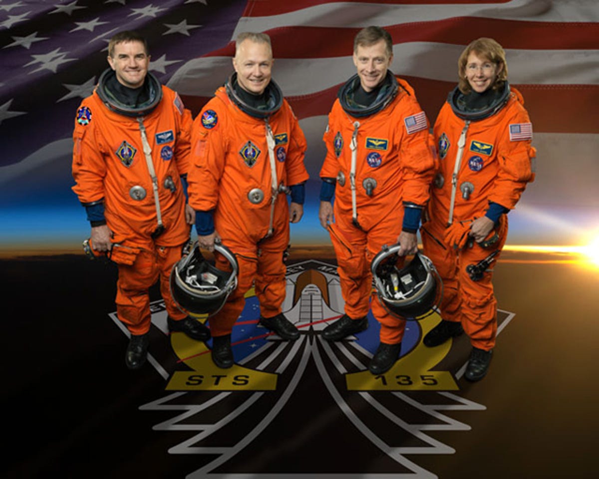 The crew of Atlantis, on mission STS-135. From left to right: Rex Walheim, pilot Douglas Hurley, commander Christopher Ferguson, Sandra Magnus