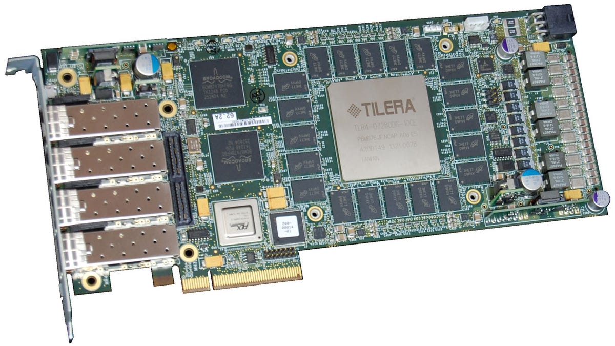 Tilera's Tilencore-Gx72 PCI Express card has a 72-core processor that can shoulder complex network-related chores to in x86 servers, freeing the computer's CPU for more general-purpose software. The card has eight 10Gbps network ports.