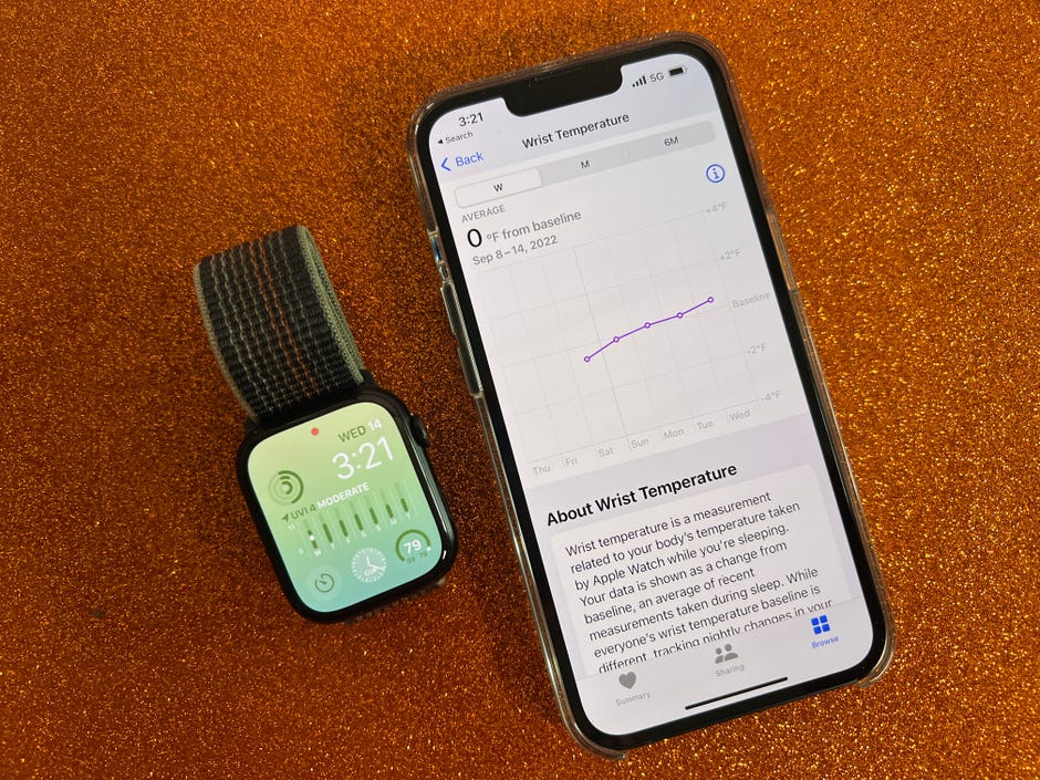 Apple Watch Series 8 et iPhone avec l'application Health affichant des relevés de température