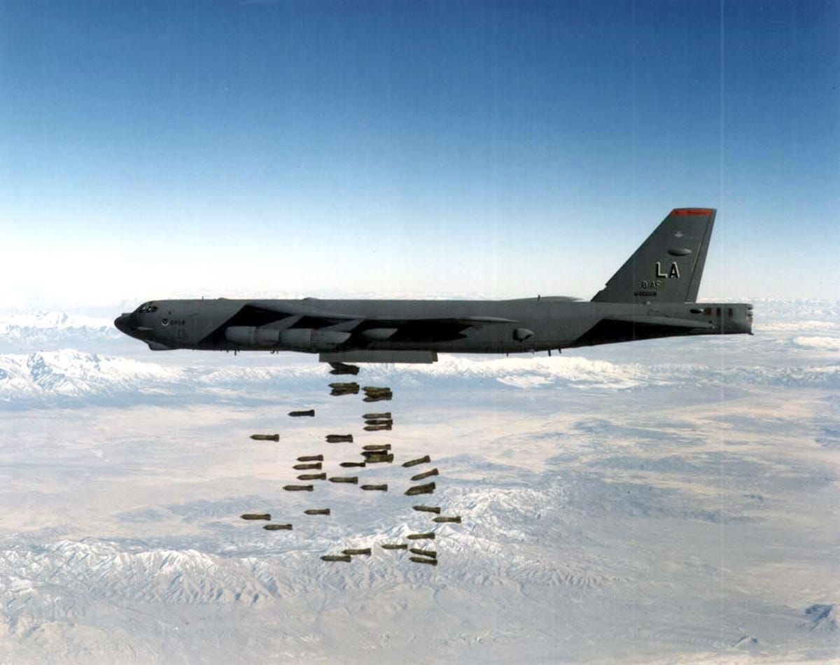 B-52H Stratofortress drops a load of M-117 750-pound bombs