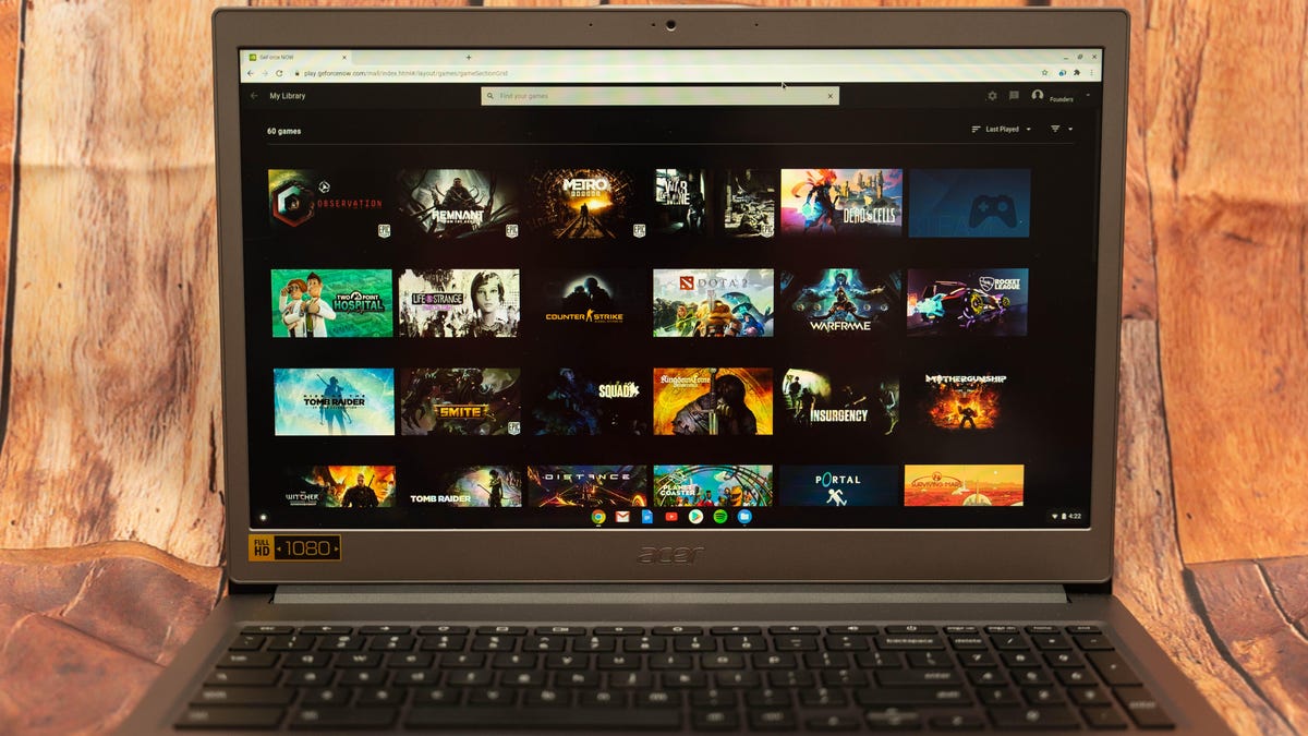 a screen showing a list of games available on Geforce Now displayed on a chromebook 