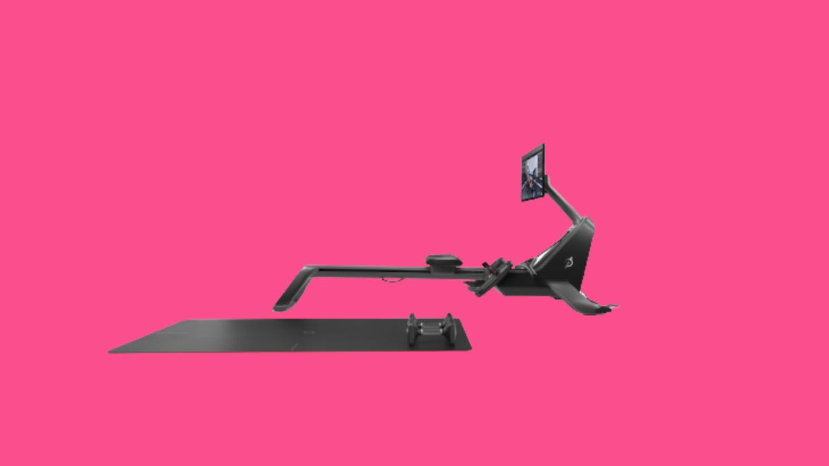 Peloton rowing machine on a pink background