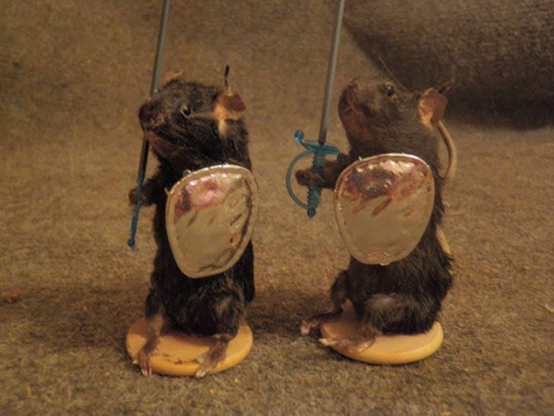 Cocktail swords are perfect size for mice to hold with this unusual taxidermy chess set.