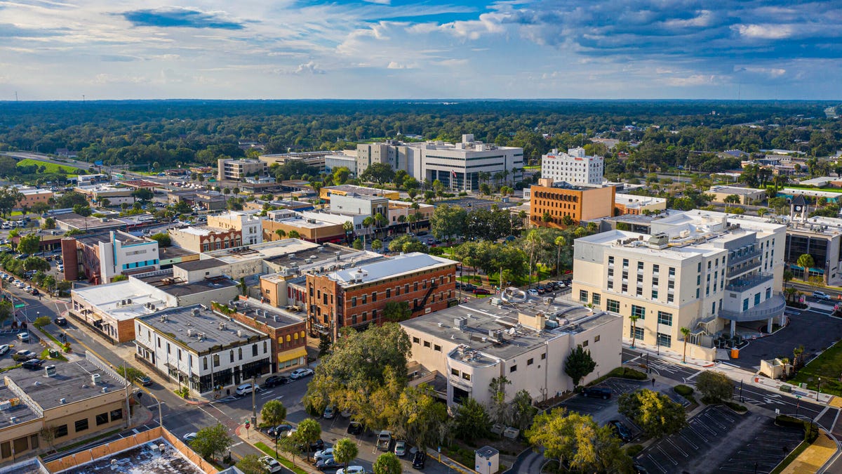 Aerial drone photo of the historic town square in downtown Ocala, Florida.