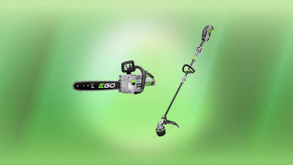 Ego Power Plus outdoor tools including a string trimmer and chainsaw are displayed against a green background.