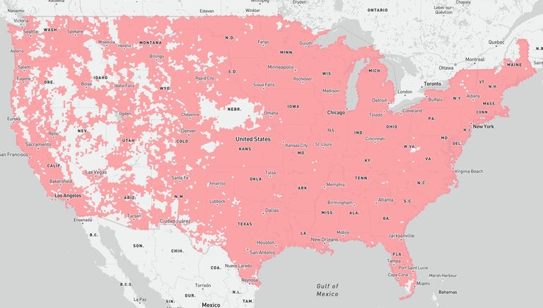 FCC National Broadband Map showing T-Mobile Home Internet available across the US