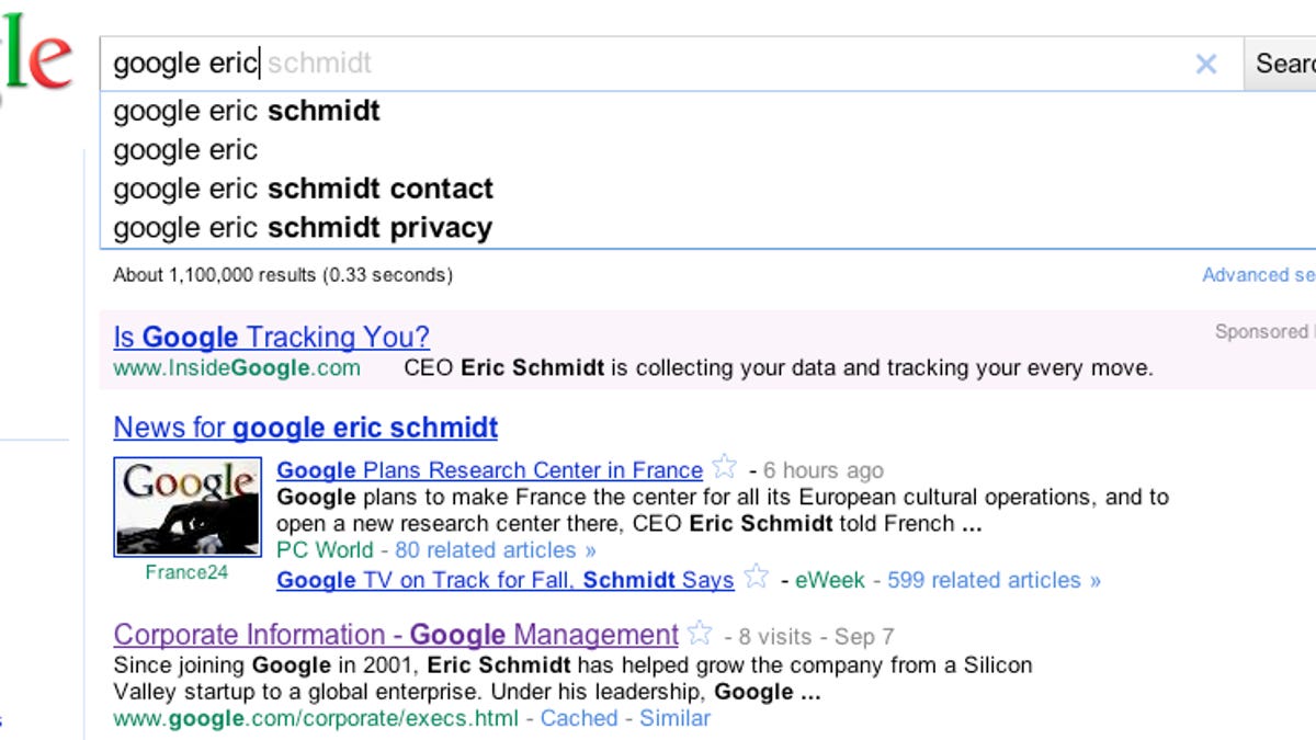 Google initially rejected the ad shown here for keywords like "google eric schmidt" saying it violated its policies on using trademarks in ads, although it does allow their use in some cases.