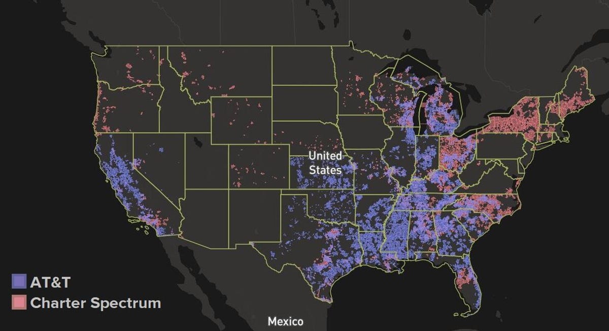 AT&T and Spectrum coverage map of the United States
