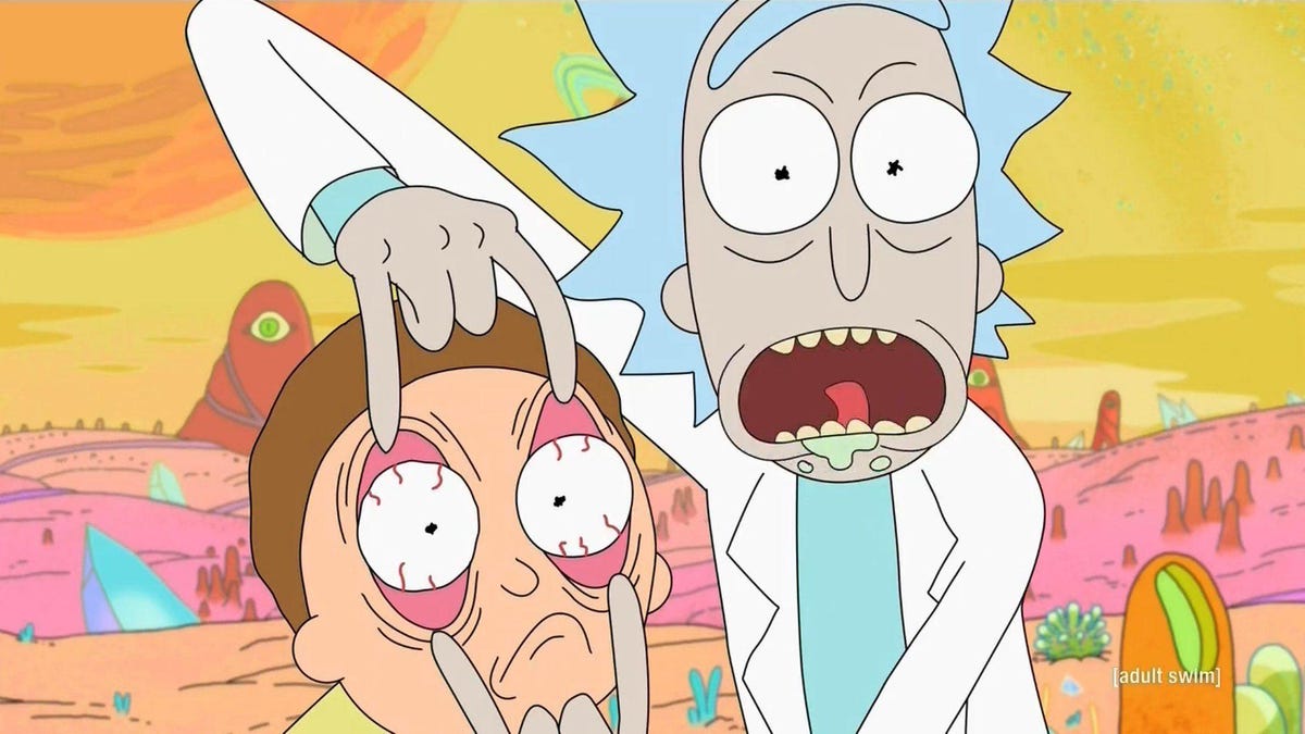 Animated characters Rick and Morty gape with wide eyes