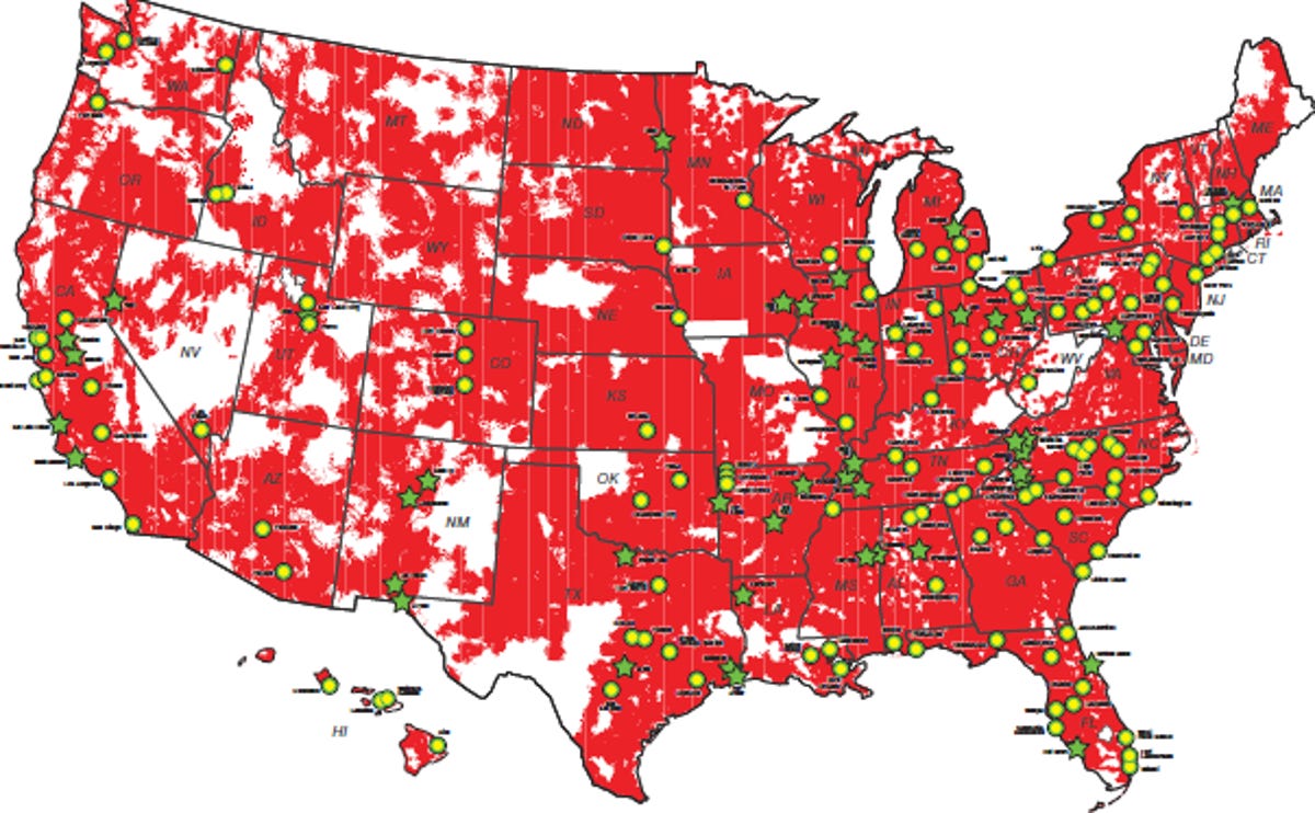 Verizon's 4G LTE network is now available in 117 cities. The yellow dots denote current 4G markets while the green stars signify 4G markets expected this year. The red shows its 3G coverage area.