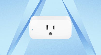 Amazon's smart plug is displayed against a blue background.
