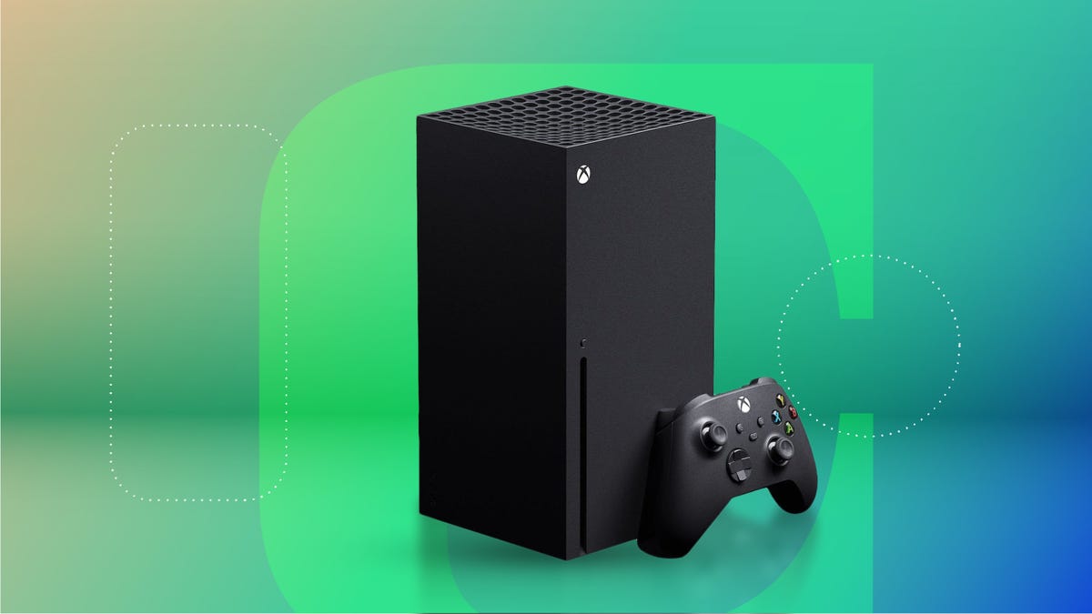 An Xbox Series X console and controller against a green background.