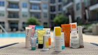 The 15 Best Mineral Sunscreens in a line with a pool in the background
