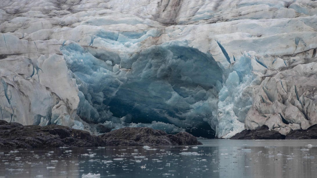 A glacier collapses into the ocean north of Svalbard, Norway, in Sept. 2021.