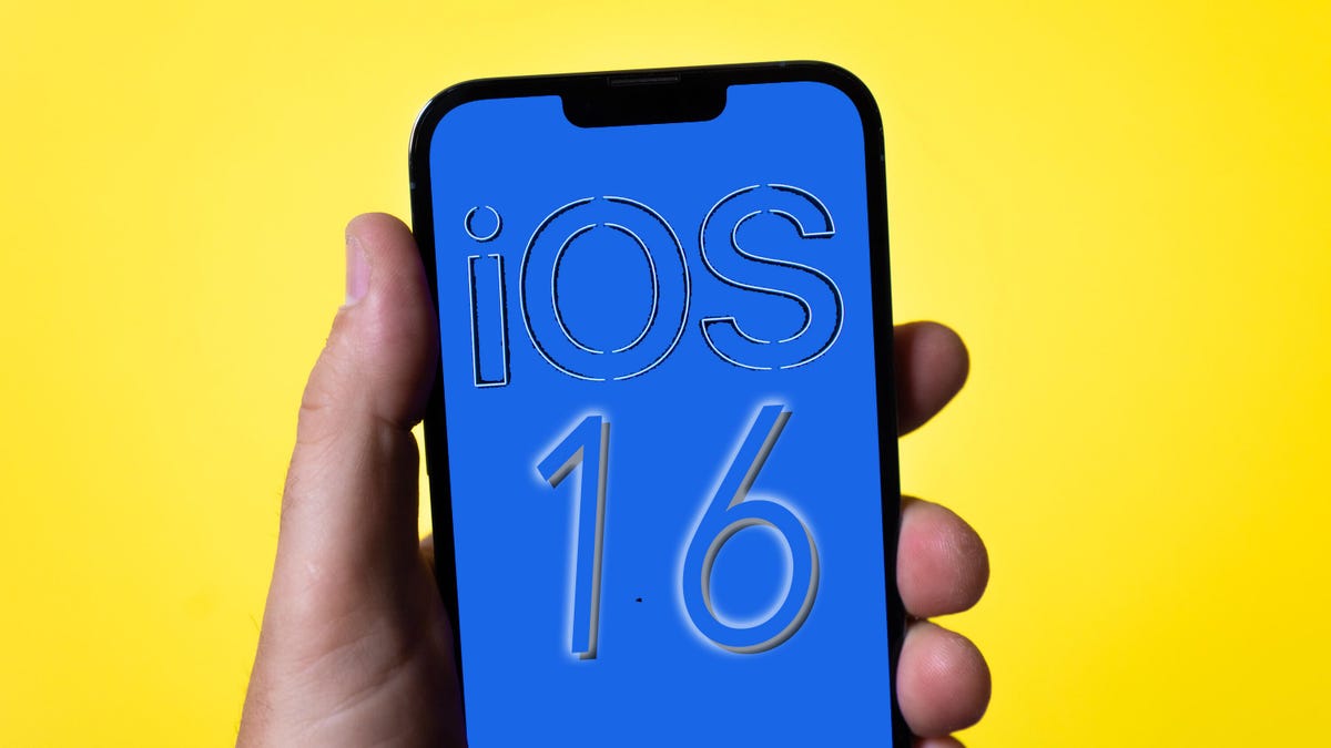 iOS 16 logo shown on an iPhone with a yellow background