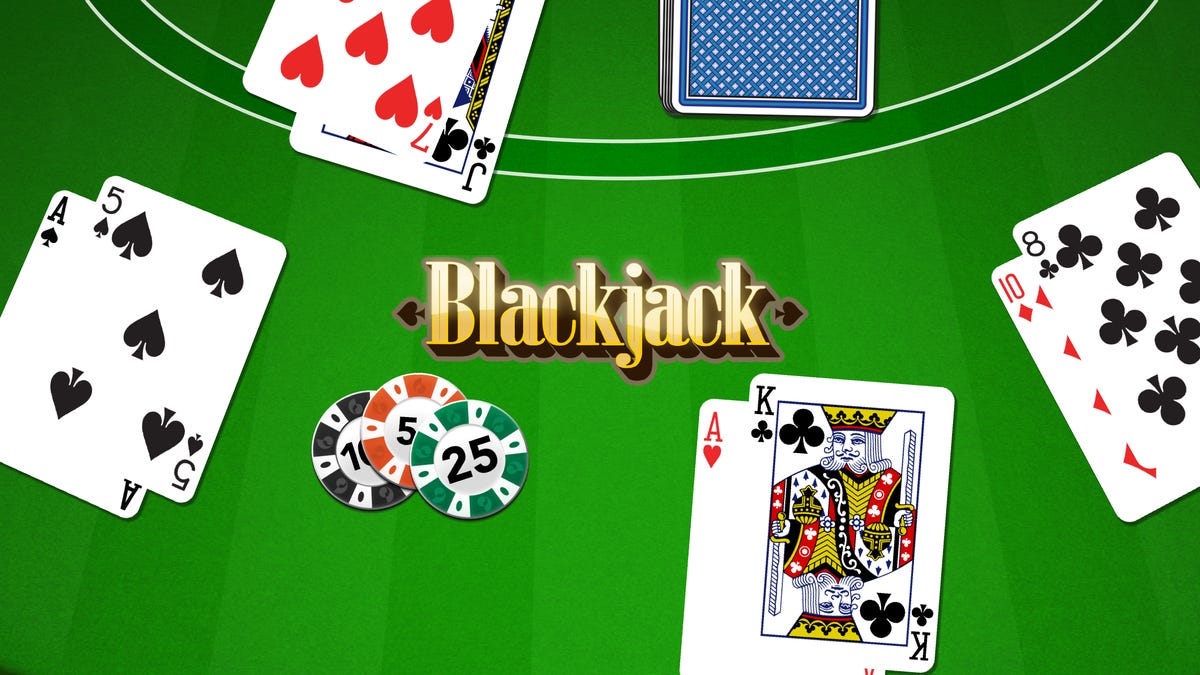 Tarjeta de título para Blackjack de MobilityWare Plus mostrando cartas sobre una mesa