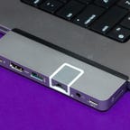 Hyperdrive Duo Pro 7-in-2 USB-C Hub plugged into the side of a MacBook Pro