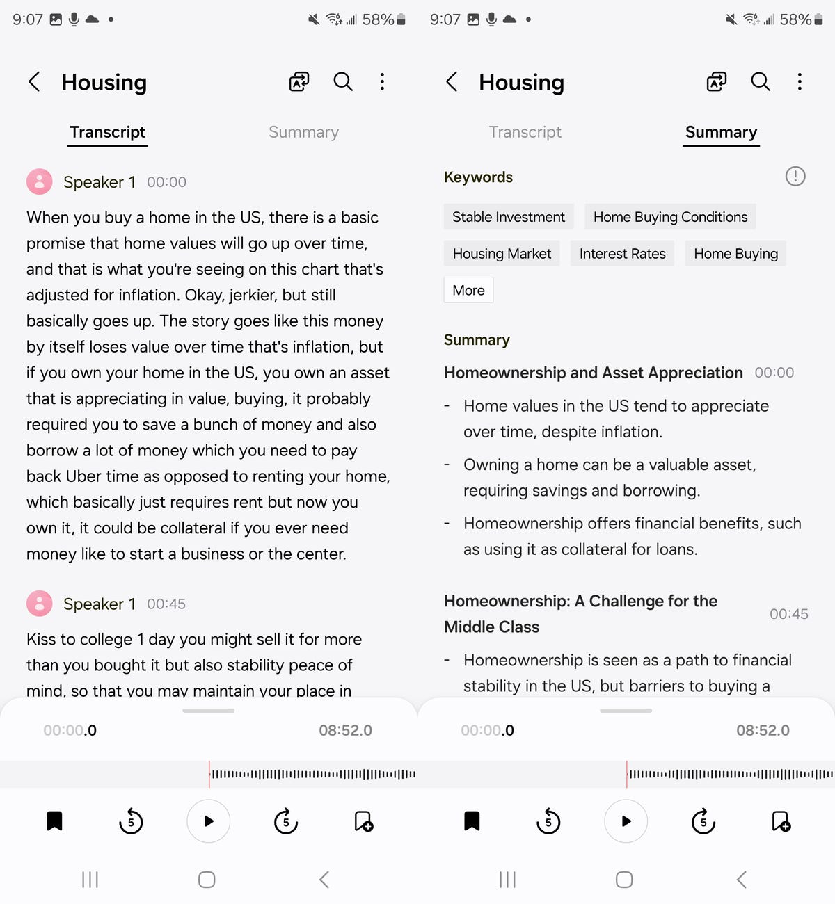 AI transcript and summaries for voice memos on the Galaxy S24