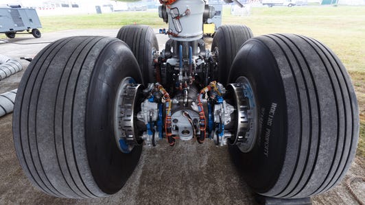 ​The massive wheels of the Boeing 787-9, a 280-passenger energy-efficient jet.