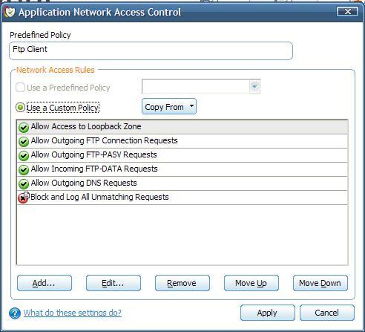 The ftp settings in Comodo Firewall Pro