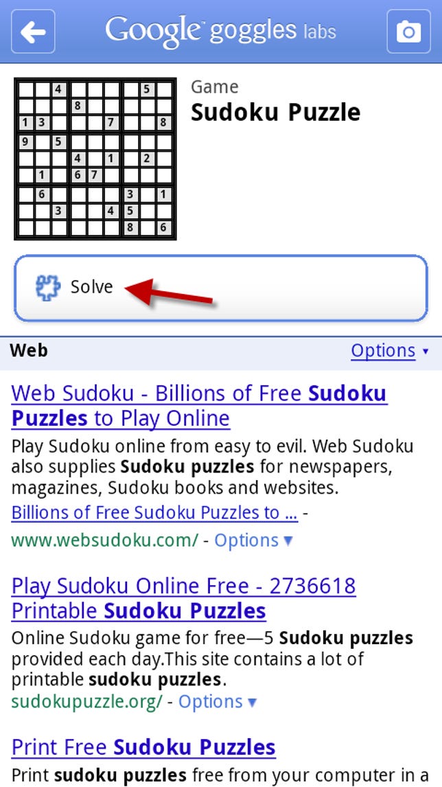 Google Googles Sudoku solve option