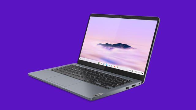 Lenovo Ideapad Slim 3i Chromebook Plus open and front facing left on a purple background.
