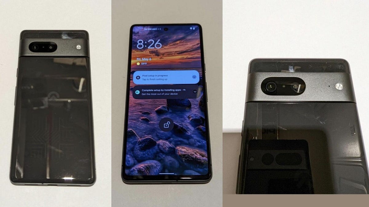 Three images from the listing: the first of the rear with a glass back, the second with a typical Android lock screen, and the third showing a close-up of the back with a reflection of the Pixel 7 Pro in the glass back.
