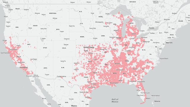 Map of AT&T home internet coverage area