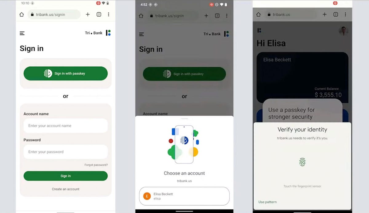 Une illustration en trois étapes du processus de connexion par clé d'authentification sur un téléphone Android