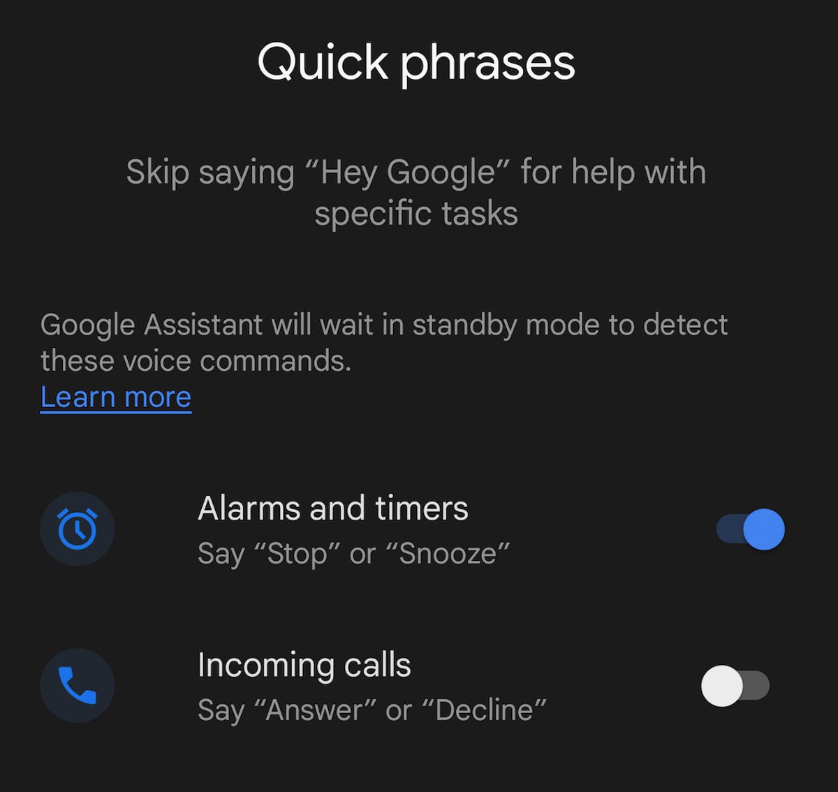 A screenshot showing Google's Quick Phrases setting