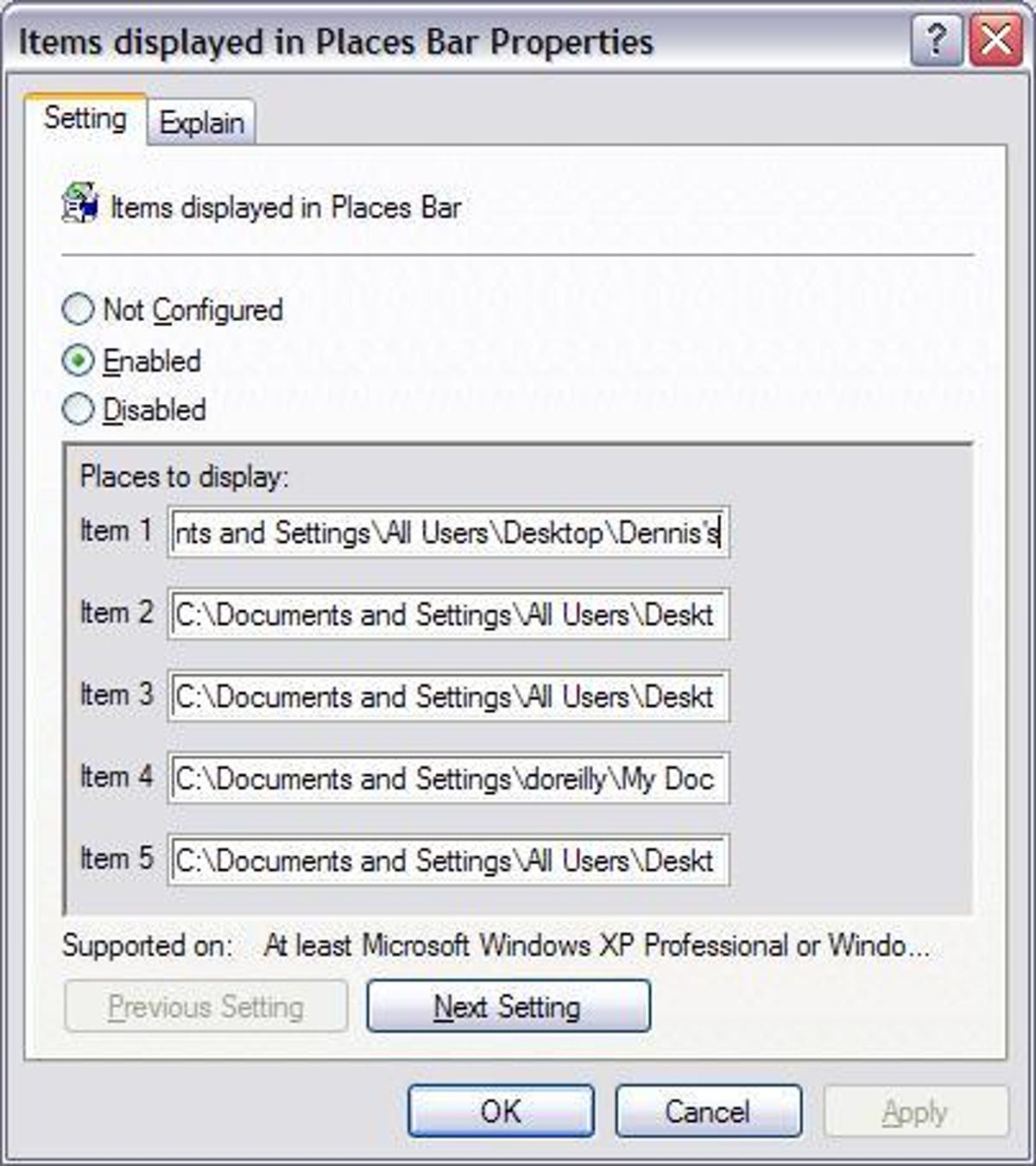 The Items displayed in Places Bar dialog box in Windows XP's Group Policy applet