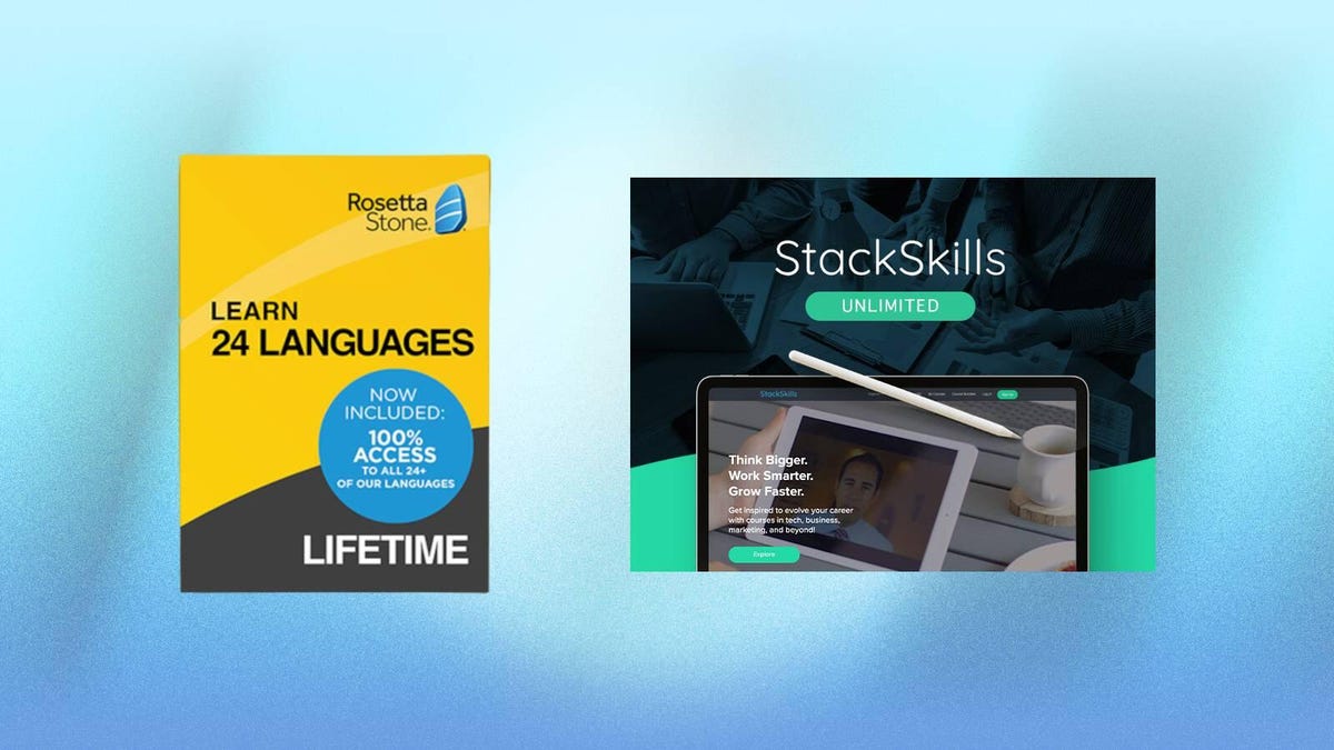 Promos for Rosetta Stone and StackSkills are displayed against a blue background.