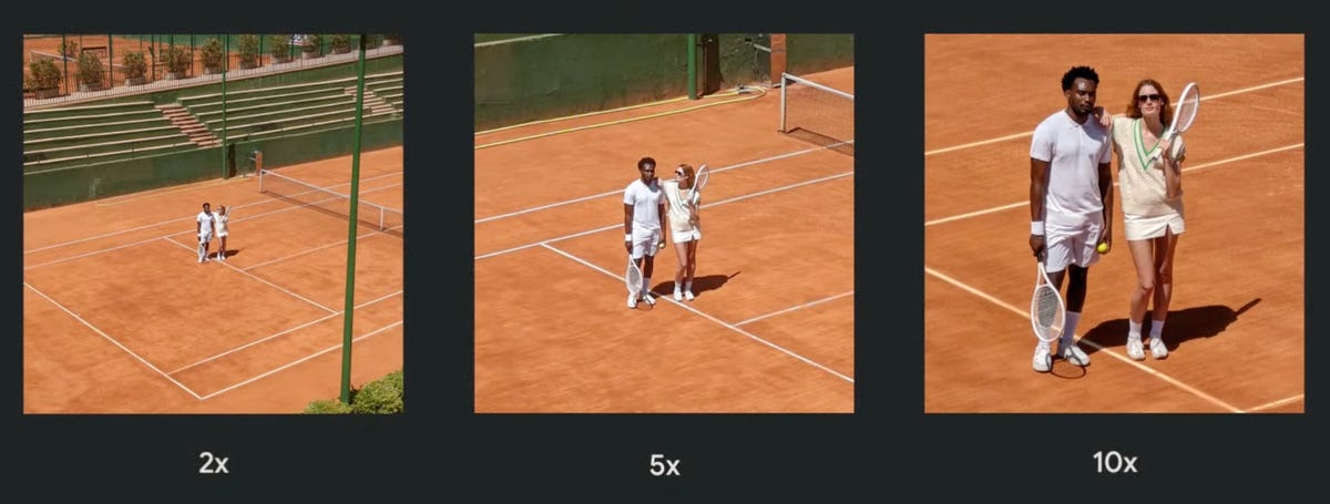 Tres fotos de jugadores de tenis distantes muestran cómo el Pixel 7 Pro de Google puede acercar usando factores de zoom de 2x, 5x y 10x.