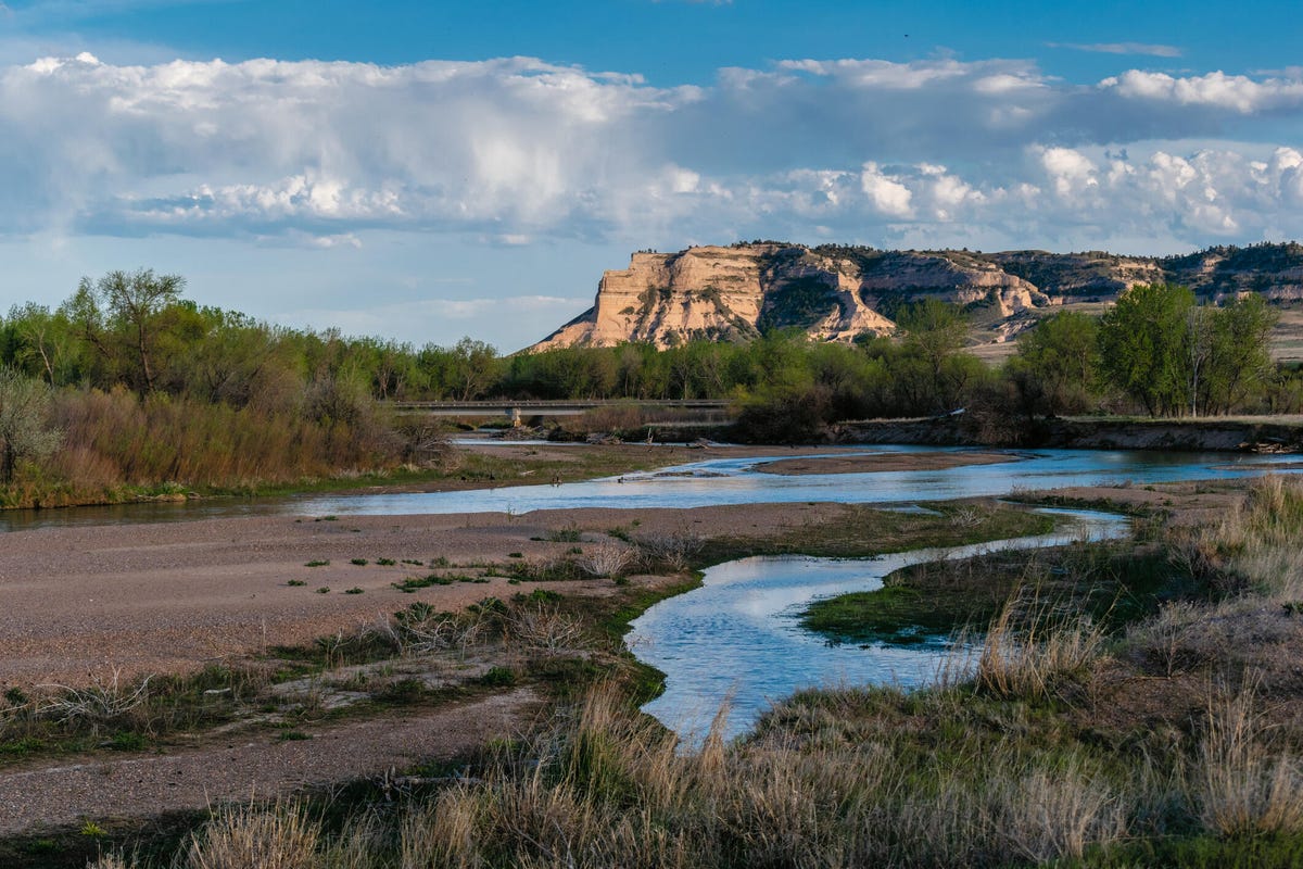 The north face of Scotts Bluff National Monument as seen from the North Platte River in Nebraska.