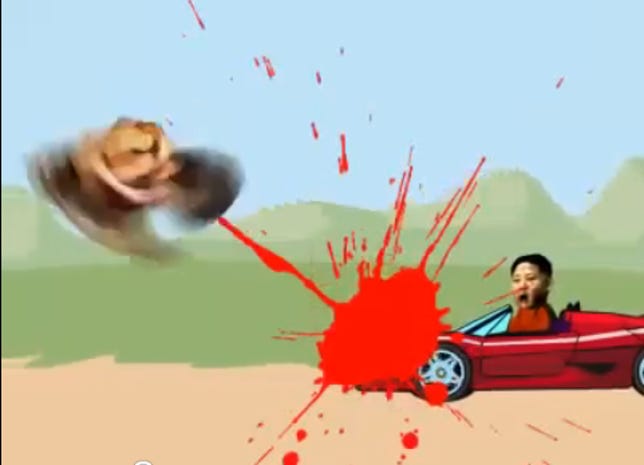 An animation that mocks North Korea's heir apparent shows him driving a sports car and mowing down impoverished women and children.