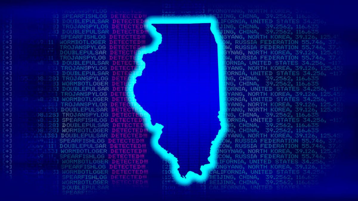 Outline of the state of Illinois on a computer screen showing cybersecurity threats.