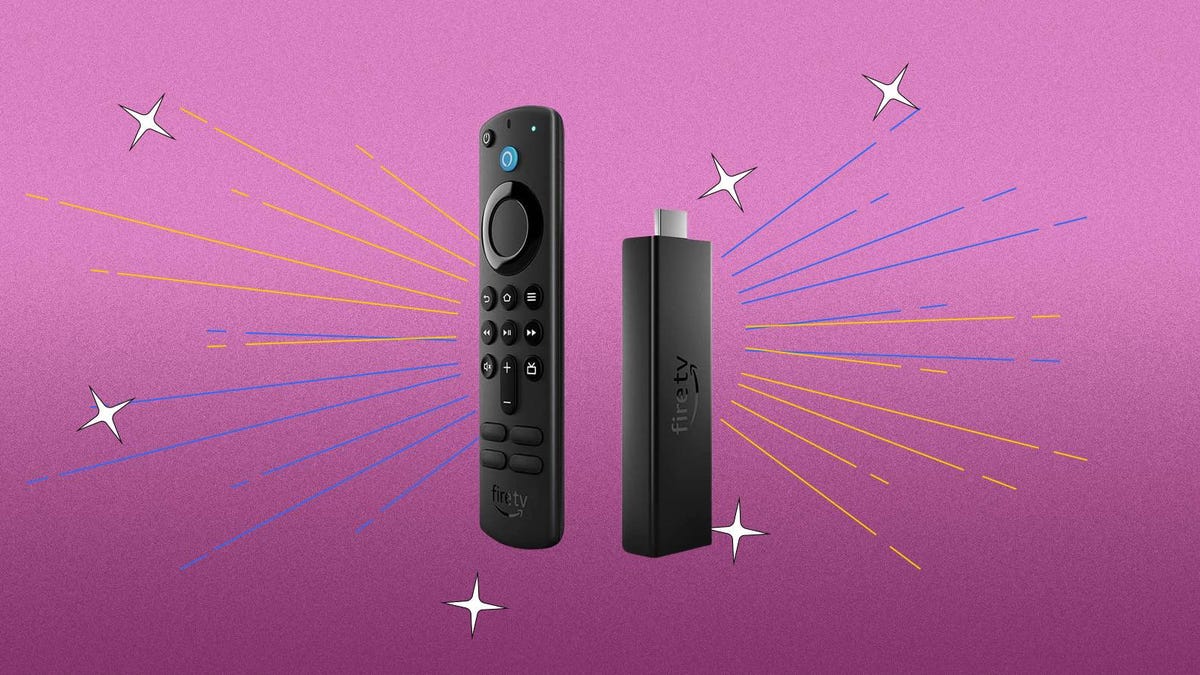 A Fire TV Stick 4K Max media streamer and its remote are displayed against a purple background.