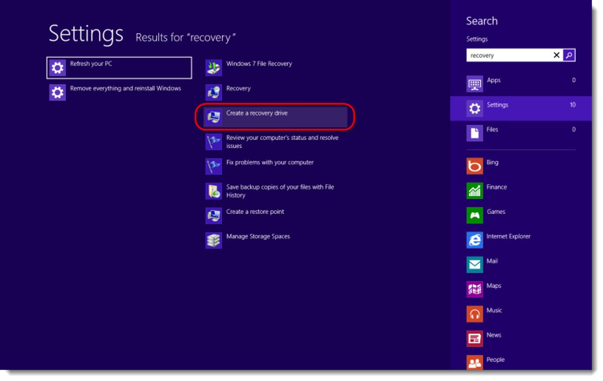 Search for Windows 8 recovery tool